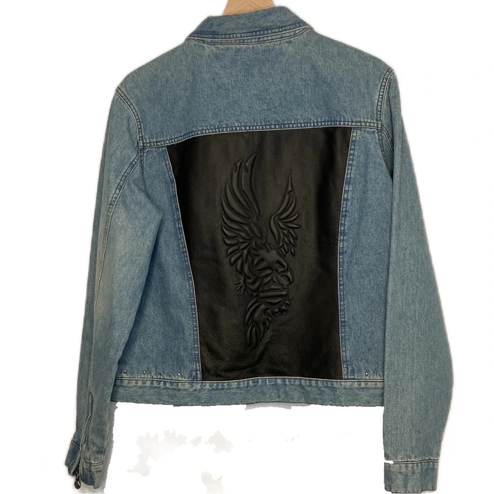 Vintage Harley-Davidson XL Women’s Jean Jacket Leather Back Panel Biker Moto - Picture 3 of 9